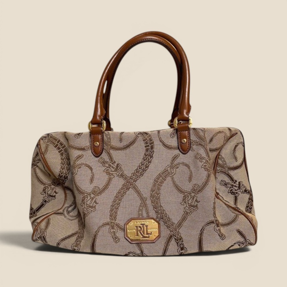 Lauren Ralph Lauren Equestrian Bridle Canvas Satchel Bag Brown Tan RL Logo